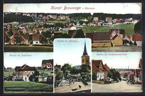 AK Braunlage, Kirche, Bahnhof, Bismarckstrasse