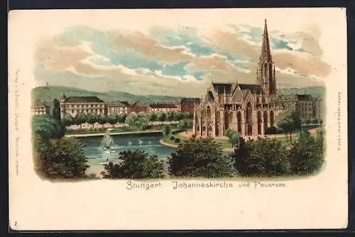 Lithographie Stuttgart, Blick auf Johanneskirche und Feuersee