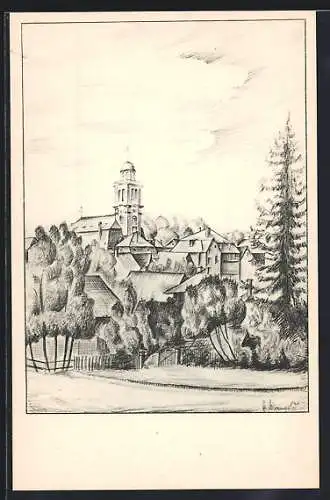 Künstler-AK Lauterbach /Hessen, Blick von der Vogelsbergstrasse mit Kirche