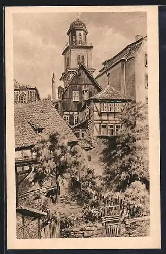 Künstler-AK Lauterbach /Hessen, Ortspartie mit Turm