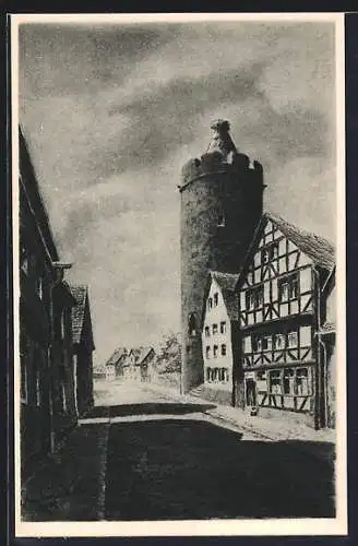 Künstler-AK Alsfeld /Hessen, Strasse untere Fuldergasse mit Turm
