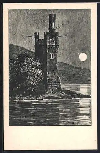 Künstler-AK Bingen /Rhein, Mäuseturm bei Mondschein
