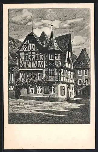 Künstler-AK Bacharach /Rhein, Altes Haus mit Strassenpartie