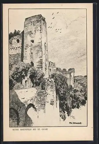Künstler-AK Ubbelohde: Der Rhein Nr. 4, Ruine Rheinfels bei St. Goar