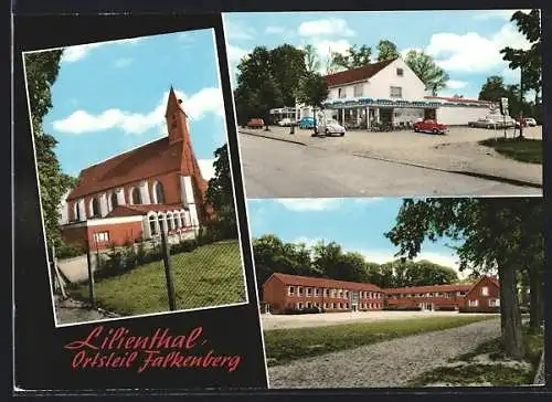 AK Falkenberg /Lilienthal, Geschäft, Kirche, Ortspartie