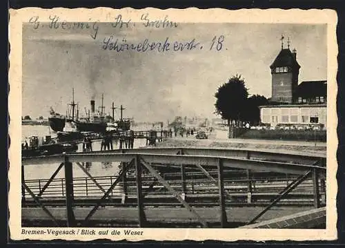 AK Bremen-Vegesack, Blick auf die Weser mit Dampfer