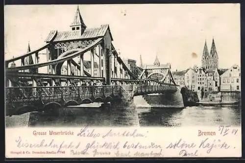 AK Bremen, Grosse Weserbrücke mit Kirche