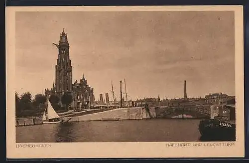 AK Bremerhaven, Hafenamt und Leuchtturm, Lastenschiff Seemöwe