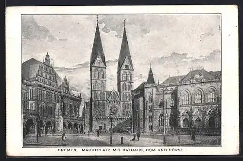 AK Bremen, Marktplatz mit Rathaus, Dom und Börse