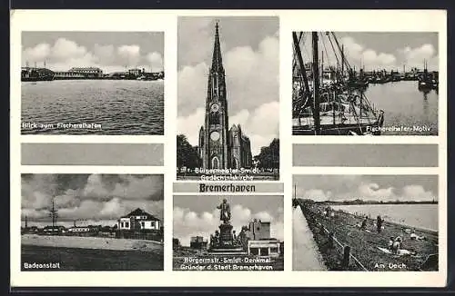 AK Bremerhaven, Bürgermeister-Smidt Gedächtniskirche, Badeanstalt, Fischereihafen