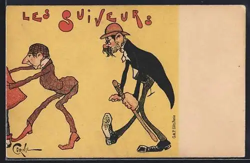 Künstler-AK sign. Cornil: Les Suiveurs, Herren in Anzügen