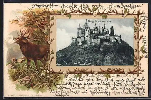 Passepartout-Lithographie Burg Hohenzollern, Passepartout mit Hirsch und Geweihen