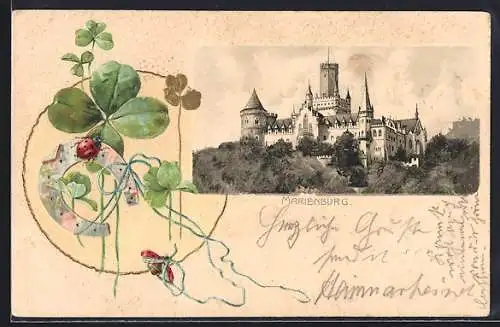 Lithographie Marienburg / Nordstemmen, Blick auf das Schloss, Glücksklee und Hufeisen im Passepartout