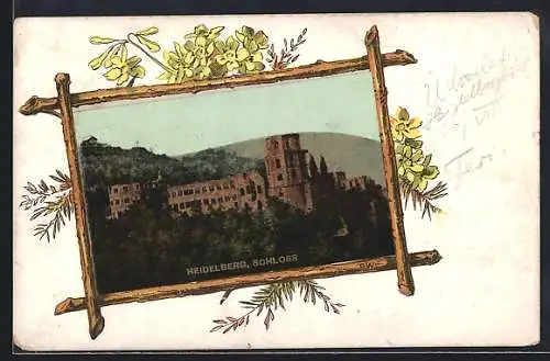 Passepartout-Lithographie Heidelberg, Schloss mit Rahmen aus Holz