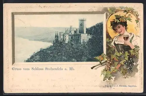 Passepartout-Lithographie Schloss Stolzenfels a. Rh., Frau mit Weintrauben und Glas Wein