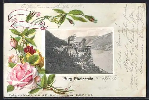 Passepartout-Lithographie Burg Rheinstein, Passepartout mit Rosen