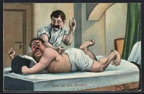 Künstler-AK Arthur Thiele: Gruss aus dem Morrbad, Mann bei einer Massage