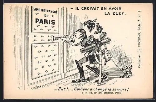 Künstler-AK Kaiser Wilhelm II. will Tür nach Paris aufschliessen, Il croyait en avoir la clef