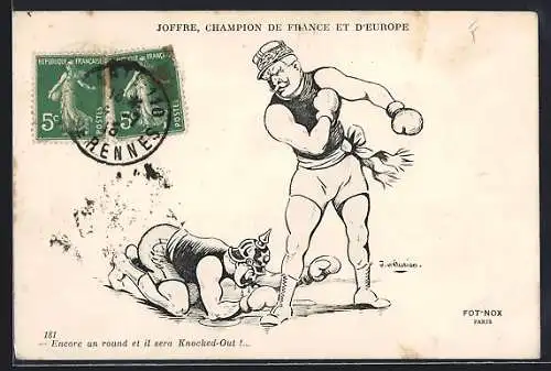 Künstler-AK Joseph Joffre schlägt Kaiser Wilhelm II. beim Boxen, Joffre, Champion de France et D`Europe