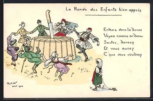 Künstler-AK Vertreter der Entente tanzen um einen Kuchen, La Ronde des Enfants bien appris