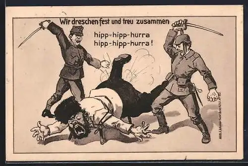 Künstler-AK Deutscher und österreichischer Soldat verprügeln einen Russen