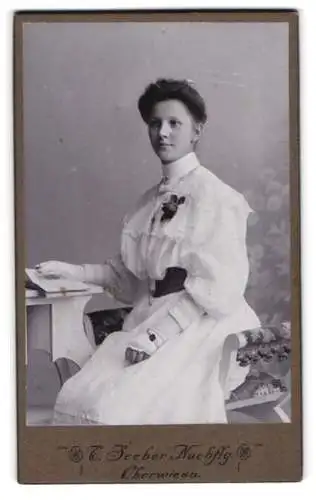 Fotografie T. Seeher Nachflg., Oberwiesa, Elegante Dame am Tisch