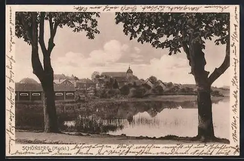 AK Schönberg / Meckl., Blick auf die Ortschaft vom See her