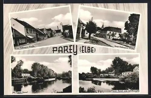 AK Parey / Elbe, Ernst-Thälmann-Strasse, Plauer Kanal und Schiffswerft