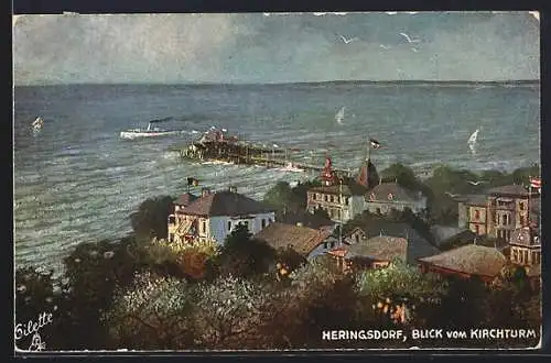 Künstler-AK Heringsdorf / Ostseebad, Blick vom Kirchturm auf die Seebrücke, Dampfer und Segelboote