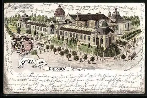 Lithographie Dresden, Ausstellungspalast aus der Vogelschau