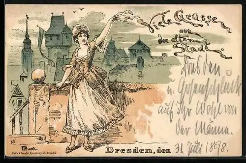 Lithographie Dresden, Dresdnerin grüsst mit ihrem Tuch