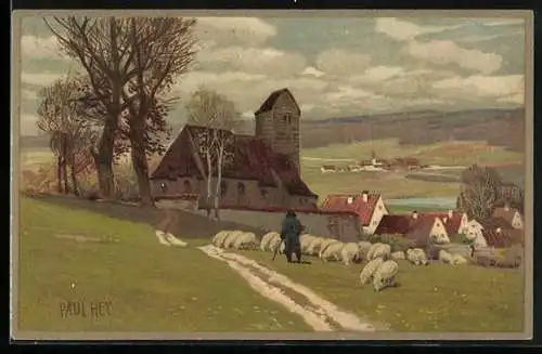 Künstler-Lithographie Paul Hey: Hirte mit Schafherde, Ostern