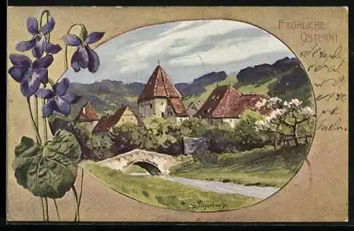 Künstler-AK August Splitgerber: Kleiner Ort in Frühlingslandschaft, Ostergruss