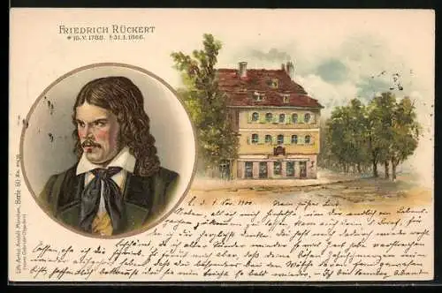 Lithographie Portrait Friedrich Rückert, Wohnhaus des Dichters