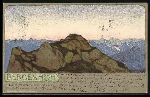 Künstler-Lithographie Ernst Liebermann: Bergeshöh`, Gebirgspanorama