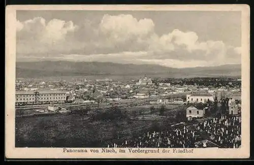 AK Nisch, Panorama der Stadt mit Friedhof