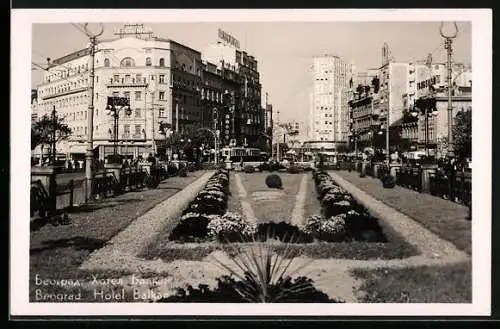 AK Beograd / Belgrad, Hotel Balkan, Strassenbahn
