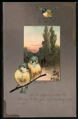 AK Vogelpaar auf einem Zweig, Fliegender Vogel, Landschaft