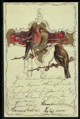 AK Drei Vögel auf Weidenzweigen, Ornamente