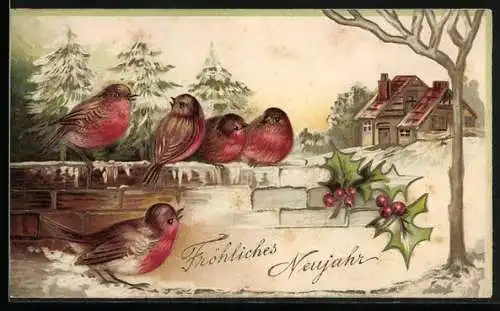 Präge-AK Rotkehlchen auf einer Mauer im Schnee, Neujahrsgruss