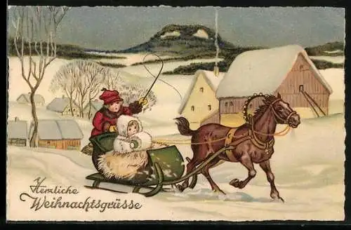 AK Kleines Paar mit Pferdeschlitten vor einer Ortschaft, Weihnachtsgruss