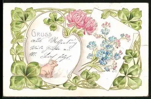 AK Glücksschwein, Glücksklee und Blumen