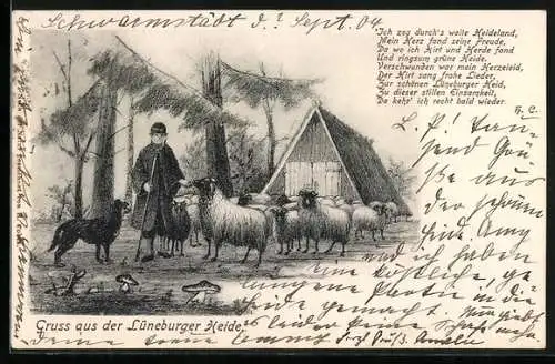 AK Hirte mit Hund und Schafherde vor Stall