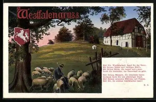 AK Westfalengruss, Schafe mit Schäfer, Wappen, Gedicht, rückseitig Liedtext