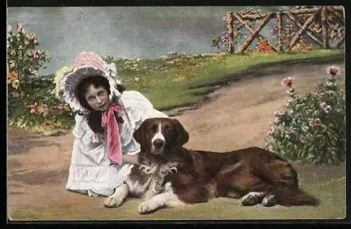AK Mädchen mit Jagdhund in einer Parkanlage mit Blumen