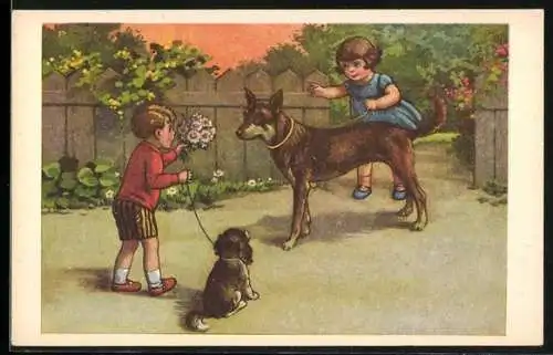 AK Kleiner Gratulant mit Hündchen wird von Mädchen mit Schäferhund empfangen