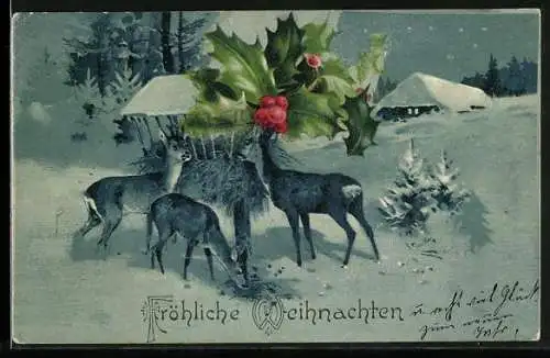 AK Rehe an einer Krippe im Winter, Ilex, Weihnachtsgruss