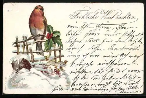 AK Rotkehlchen auf einem verschneiten Gatter, Weihnachtsgruss