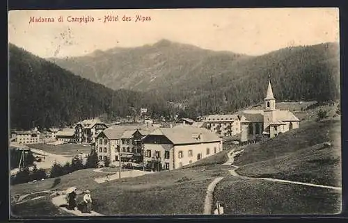 AK Madonna di Campiglio, Hôtel des Alpes mit Ortschaft