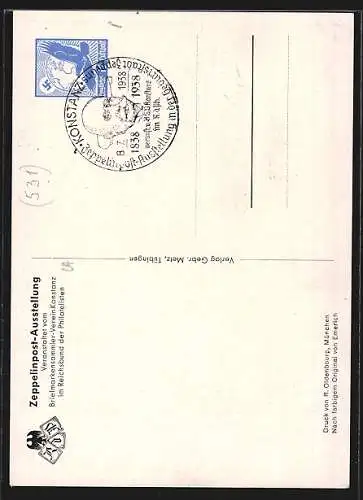 Künstler-AK Graf Zeppelin in Uniform, Ausstellung 100. Geburtstages des Grafen Zeppelin 1938, Ganzsache
